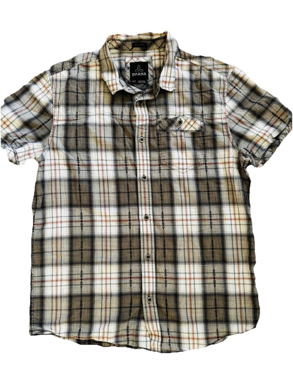 prAna Mens Plaid Green Cream Button Down Short Sleeve Shirt M Outdoors Gorpcore